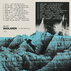 an advertisement for the band badlands with mountains in the background and text on it