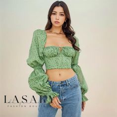 Lasaky - Printed Tie-Front Buttoned Puff-Sleeve Crop Top Puff Sleeve Corset Top, Crop Top Autumn, Green Floral Top, Cropped Corset, Slim Fit Crop Top, Party Blouse, Short Blouses, Puff Sleeve Crop Top, Cropped Tops