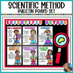 the scientific method bulletin board set includes pictures and text, including an image of a magnifying glass