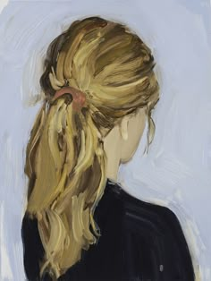 a painting of a woman's head with long blonde hair in a pony tail