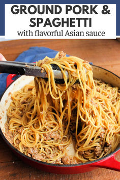 This easy meal features ground pork and spaghetti in a flavorful Asian inspired sauce. They are sweet and savory and really delicious. The best part is how quickly it comes together too. This is a perfect weeknight dinner that the whole family is going to love!