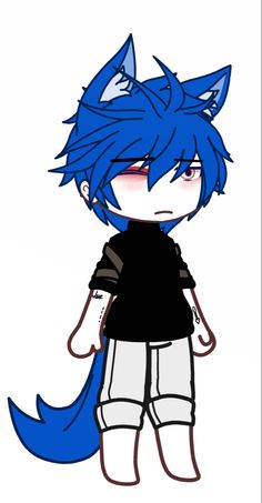 an anime character with blue hair and black shirt, standing in front of a white background