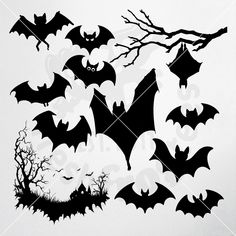 halloween bats and tree silhouettes on white paper