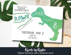 a dinosaur birthday party card with the words rawr and an image of a dog on it