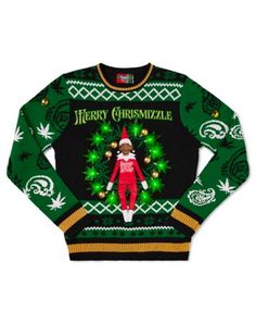 Merry Chrismizzle, ya'll! Show off your fandom for Snoop Dogg this holiday with this officially licensed Snoop on the Stoop Merry Chrismizzle Christmas Sweater. Decorated with a light-up wreath on the front featuring weed leafs, this stylish sweater is the perfect choice for any Christmas party this year and is sure to be a hit among Snoop Dogg fans. Officially licensed Light-up Crewneck Long sleeves Battery type: 2 AA batteries (not included) Material: Cotton, acrylic Care: Spot clean Imported Note: This sweater is Unisex Sizing only For a fitted look, order one size smaller than your normal size Titanium Belly Ring, Stylish Sweater, Snoop Dog, Titanium Jewelry, Stylish Sweaters, Pride Tshirts, Movie T Shirts, Snoop Dogg