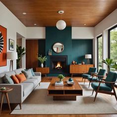 a living room filled with furniture and a fire place in the middle of a room