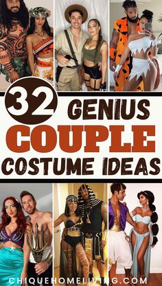 some people are dressed up in costumes and posing for the camera with text overlay that reads, 22 genius couples costume ideas