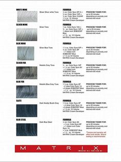 Silver hair formulas using Matrix: Matrix Hair Color, Hair Formulas, Matrix Hair, Colored Hair Tips, Matrix Color, Silver Hair Color, Silver Grey Hair