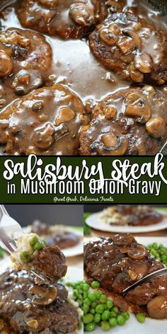 mushrooms steak in mushroom gravy with peas and mashed potatoes