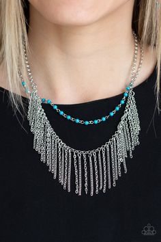 A row of dainty blue beads gives way to a row of free-falling silver chains, creating an edgy fringe below the collar. Features an adjustable clasp closure. Edgy Fringe, Thick Silver Ring, Antique Brass Frame, Silver Strand, Chain Fringe, Hammered Silver Ring, Purple Pearl, Fringe Necklace, Silver Chains