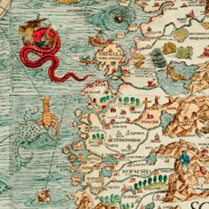 an old map with many different types of animals and people on it's sides