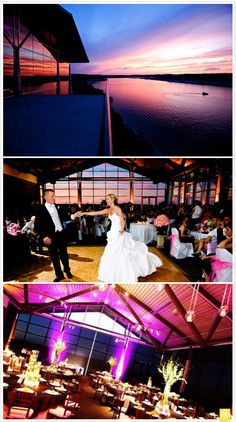 the bride and groom are dancing at their wedding reception in front of an ocean view