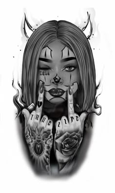 a woman with tattoos holding her hands up to her face and making the peace sign