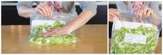 two pictures showing the process of making lettuce salad in plastic bags, and then adding it to another bag