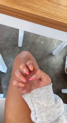 Pink Tip Nails, Orange Nail, Almond Acrylic Nails, Cute Gel Nails, Summer Acrylic Nails