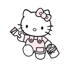 the hello kitty is holding a cup and some kind of item in her hand,