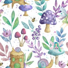 a watercolor pattern with mushrooms, flowers and bugs