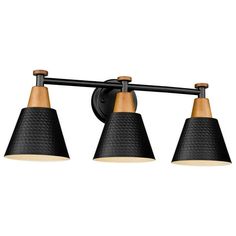 three light bathroom fixture with black and wood shades on the top, in an industrial style