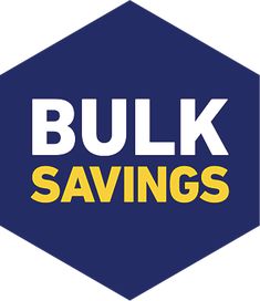 the words bulk savings are in yellow and blue hexagons with white letters