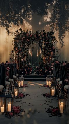 Create a magical atmosphere with Wedding Dark Aesthetic Ceremony Decor! Incorporate Dark Interior Design Modern and elevate your special day with Dark Home Aesthetic. Perfect for those who love Dark House Aesthetic themes. 🌹✨ #DarkInteriorDesignModern #DarkHomeAesthetic #DarkHouseAesthetic Dark Venue Wedding, Dark Blue Green Wedding Colors, Dark Nature Wedding Theme, Rustic Enchanted Wedding Theme, Dark Moody Outdoor Wedding, Dark Castle Wedding Aesthetic, Dark Academia Wedding Colors, Dark Cathedral Wedding, Black Wedding Esthetics