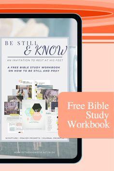 the bible study workbook is displayed on a tablet screen with an orange and pink background