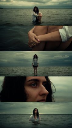 three different images of a woman in the water with her hands on her chest, and two