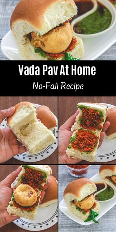 there is a collage of pictures showing how to make a vada pav at home