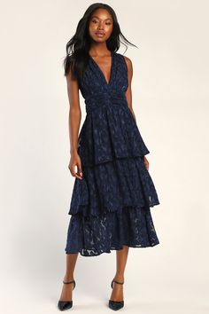 Post Partum Wedding Guest Dress, Floral Tiered Dress, Navy Blue Dress For Wedding Guest, Navy Blue Dress Outfit Wedding, Summer Black Tie Wedding Guest Dress, Navy Wedding Guest Dress, Unique Cocktail Dress, V Back Dress, Mog Dresses