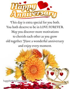 an anniversary card with flowers and hearts