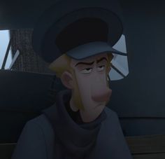 an animated man with a hat on his head