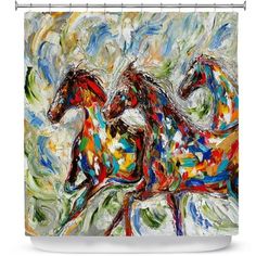 two horses shower curtain with colorful paint on the wall and white back ground, one horse is