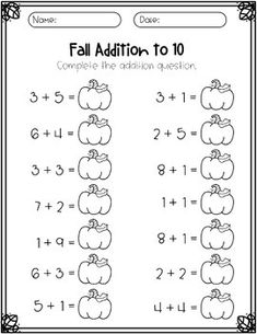 a worksheet for addition to 10 with pumpkins and numbers on the page