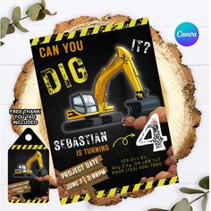 construction birthday party card with an excavator