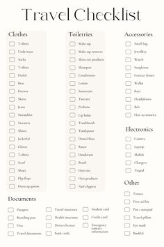 the travel checklist is shown in black and white