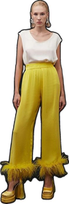 Chic Yellow Bottoms With Elastic Waistband, Silk Wide Leg Pants Full Length, Chic Yellow Pants With Elastic Waistband, Chic Full-length Pull-on Pants, Yellow Wide Leg Pants With Elastic Waistband, Chic Yellow Full-length Bottoms, Yellow Full-length Pants With Elastic Waistband, Fitted Silk Bottoms With Elastic Waistband, Casual Silk High-waisted Pants