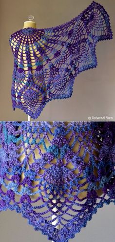 crocheted shawl made with purple and blue yarn