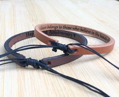 These simple stunning Adjustable handmade leather bracelet makes the perfect gift for any person in your life. These are lovely bracelets made of genuine leather. They are very comfortable & easy to wear. The bracelets are super secure and will last for many years with special care. They can be engraved on the outside, inside or both sides with your own message. Details :  * 5mm Genuine Leather Band * Black Cotton Cord * To maintain the quality and the beauty of your leather piece, we recommend to avoid getting it wet. Engraving Information :  * I can engrave up to 60 characters including spaces on each side of the leather band. * This bracelet is 100% completely customizable with anything you might have in mind... dates, special messages, bible verses, coordinates, roman numerals, etc ... Handmade Leather Friendship Bracelets, Personalized Leather Bracelet For Friendship, Brown Leather Strap Braided Bracelet Gift, Handmade Brown Leather Bracelet For Gift, Handmade Brown Leather Bracelet Gift, Brown Waxed Cord Bracelets For Gift, Brown Leather Braided Bracelet As Gift, Brown Waxed Cord Bracelet For Gift, Adjustable Engraved Leather Bracelet For Anniversary