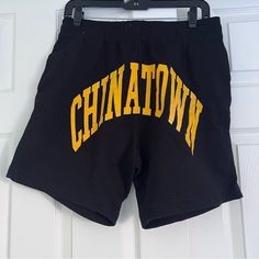 Chinatown Market Fleece Cotton Shorts Medium Black New New With Tags 100% Cotton Yellow Chinatown Print Black Urban Bottoms With Letter Print, Black Letter Print Shorts For Leisure, Black Cotton Shorts With Letter Print, Black Relaxed Fit Shorts With Letter Print, Relaxed Fit Black Letter Print Shorts, Chinatown Market, New New, Cotton Shorts, New Black