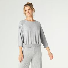 Easy Days Scrunch Top - Grey Relaxed Stretch Activewear For Lounging, Relaxed Fit Activewear For Lounging, Relaxed Solid Color Activewear For Loungewear, Solid Color Comfortable Activewear For Loungewear, Casual Activewear For Relaxation, Casual Yoga Tops With 4-way Stretch, Casual 4-way Stretch Tops For Yoga, Casual 4-way Stretch Yoga Top, Spring Athleisure Tops With Elastic Waistband