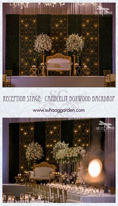 reception stage and candlelit downwood decor at the chicago garden showroom, with white flowers in centerpieces