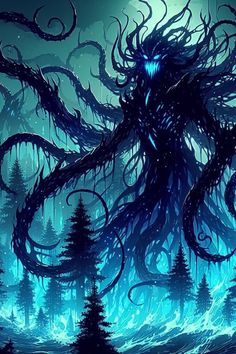 an octopus is standing in the middle of a forest with trees on it's sides