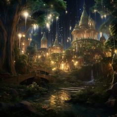 a fantasy city with lots of lights and trees