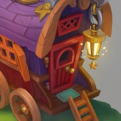 a small wooden house with a purple roof and gold trimmings on the front