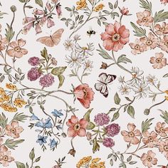 a floral pattern with butterflies and flowers on white background, suitable for wallpaper or fabric