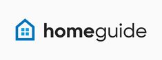 the home guide logo with a blue house on it's left side and black letters reading