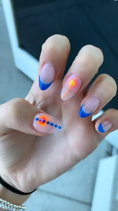 Cute Abstract Nails, Spring Nails Minimal, Two Different Colored Nails On Each Hand French Tip, Non Basic Nail Designs, French Tips Colored Nails, Summer Nail Inspo Short Almond, Grad Party Nails, Crazy Summer Nails Designs, Almond Colorful Nails