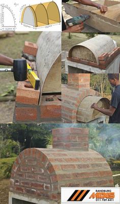 a man is making an outdoor brick pizza oven