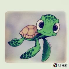 a drawing of a green turtle with big eyes