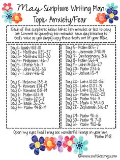 a printable may scripture writing plan with flowers and the words, to be written on it