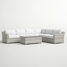 This 5-person sectional seating group has everything you need to create the ideal spot for gathering friends and family. It includes six modular sofa sectional pieces and one rectangular coffee table. Each piece has a frame made from powder-coated aluminum with an outdoor resin wall-weather wicker, woven for a classic patio look. We love that it includes foam-filled cushions for an immediate, plush setup - the removable covers feature zippers for each cleaning. Plus, this sectional set is UV-res Gathering Friends, Outdoor Patio Space, Sofa Sectional, Rectangular Coffee Table, Beachcrest Home, Orange Grey, Modular Sofa, Outdoor Patio, Sectional Sofa